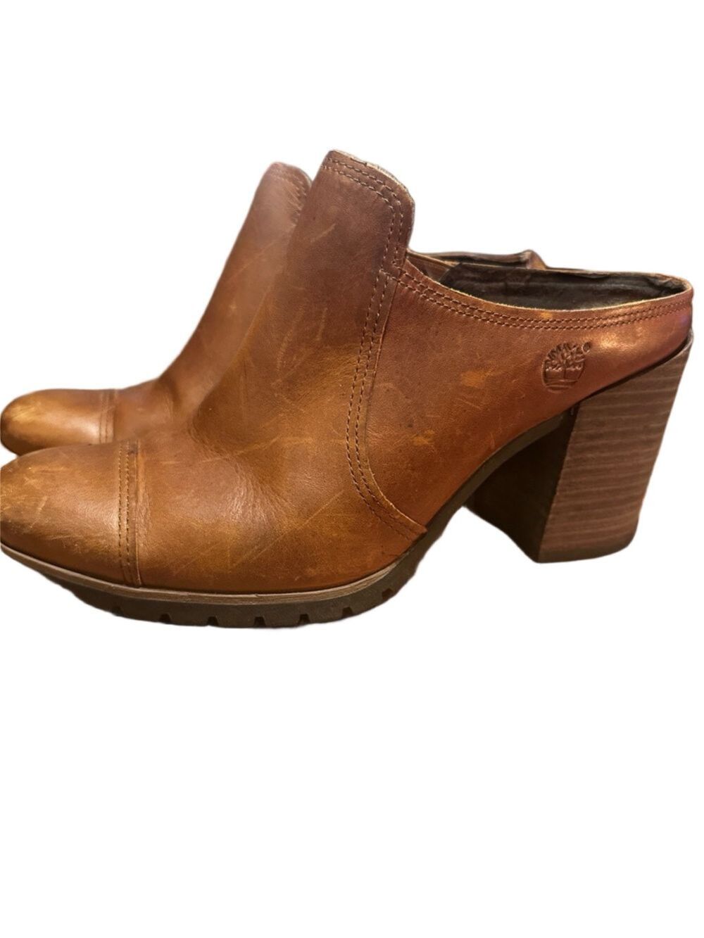 Timberland Women's Tan Leather Stacked Heel Mule Sz 8